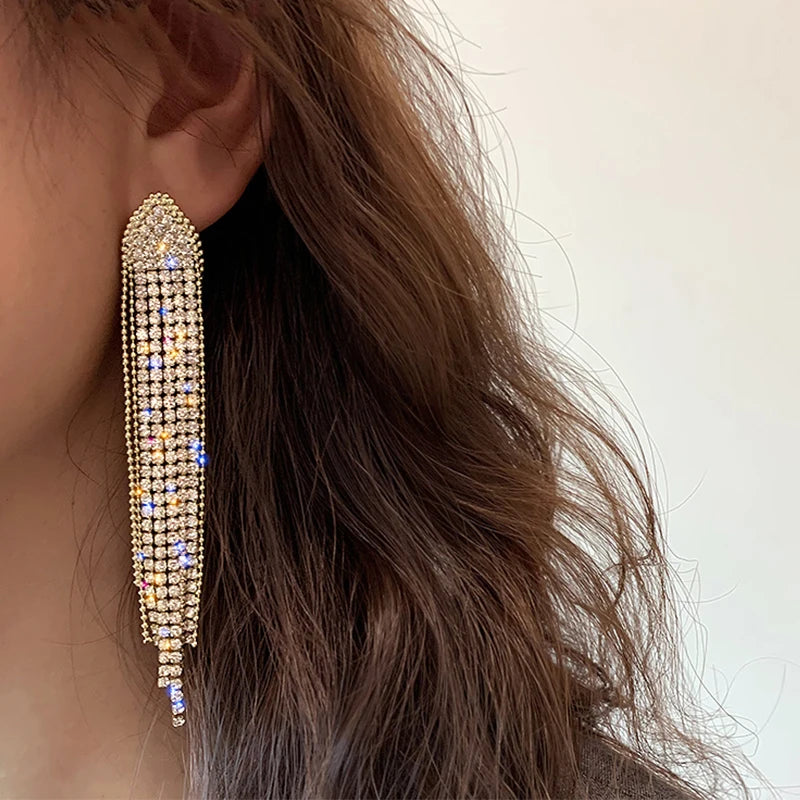 LATS New Classic Shiny Crystal Earrings Exaggerated Long Tassel Rhinestone Drop Earring for Women 2022 Korean Fashion Jewelry