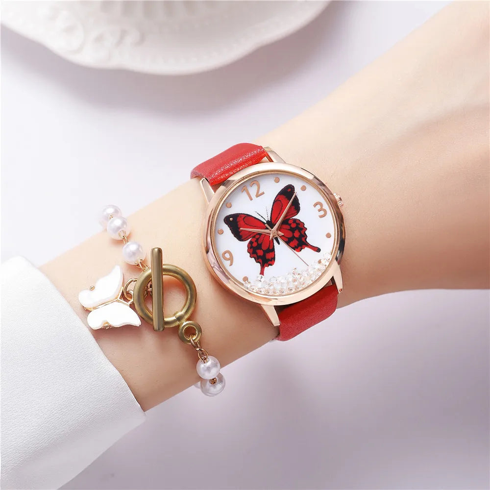 Simple Belt Ladies Watch Butterfly Pattern