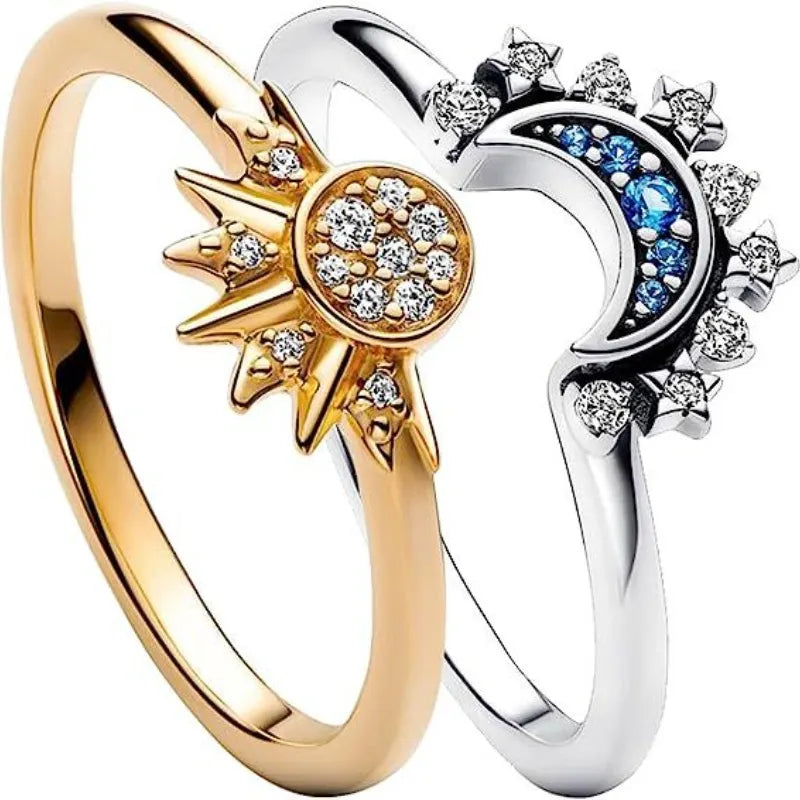 2pc/set Summer Couple Ring Set Sky Blue Sparkling Moon and Sun