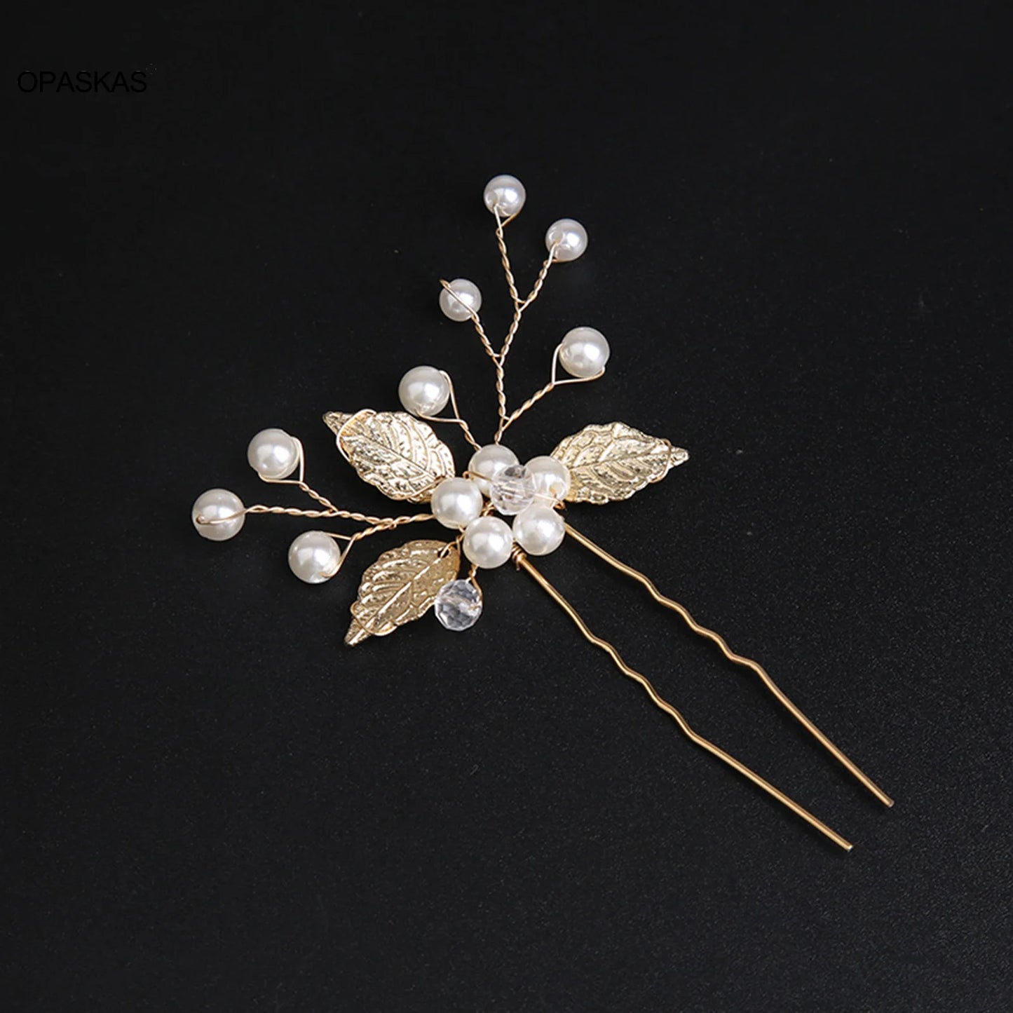 Pearl Flower Hairpin Side Comb Golden Leaf