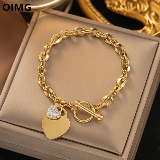 Stainless Steel Gold Plated Waterproof Geometric Heart Pendant Bracelet