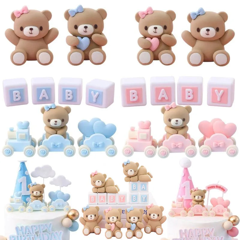 Birthday Cake Toppers Cute Pink Blue Bear