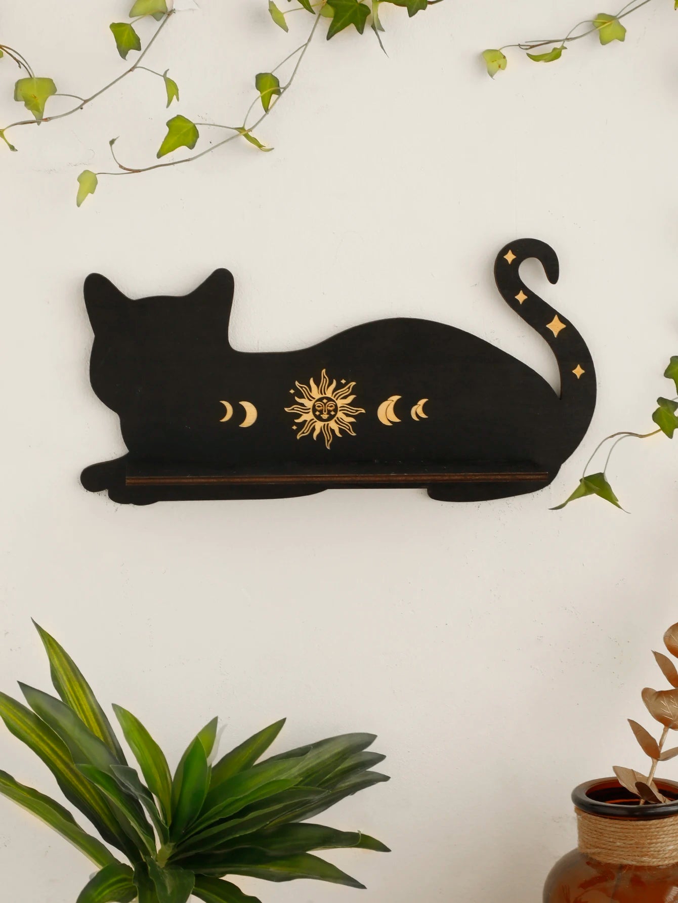 Black Cat Wooden Shelf Moon Phase Floating Shelf