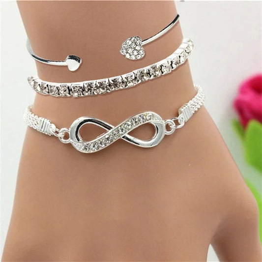 Vintage Set Silver Color Crystal Rhinestone Heart Bracelets