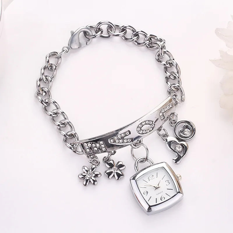 Women Watches with Letters Rhinestone Inlaid Chain Bracelet