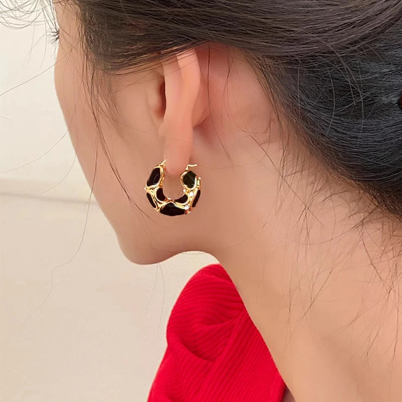 Enamel Color Metal Texture Small Hoop Earrings