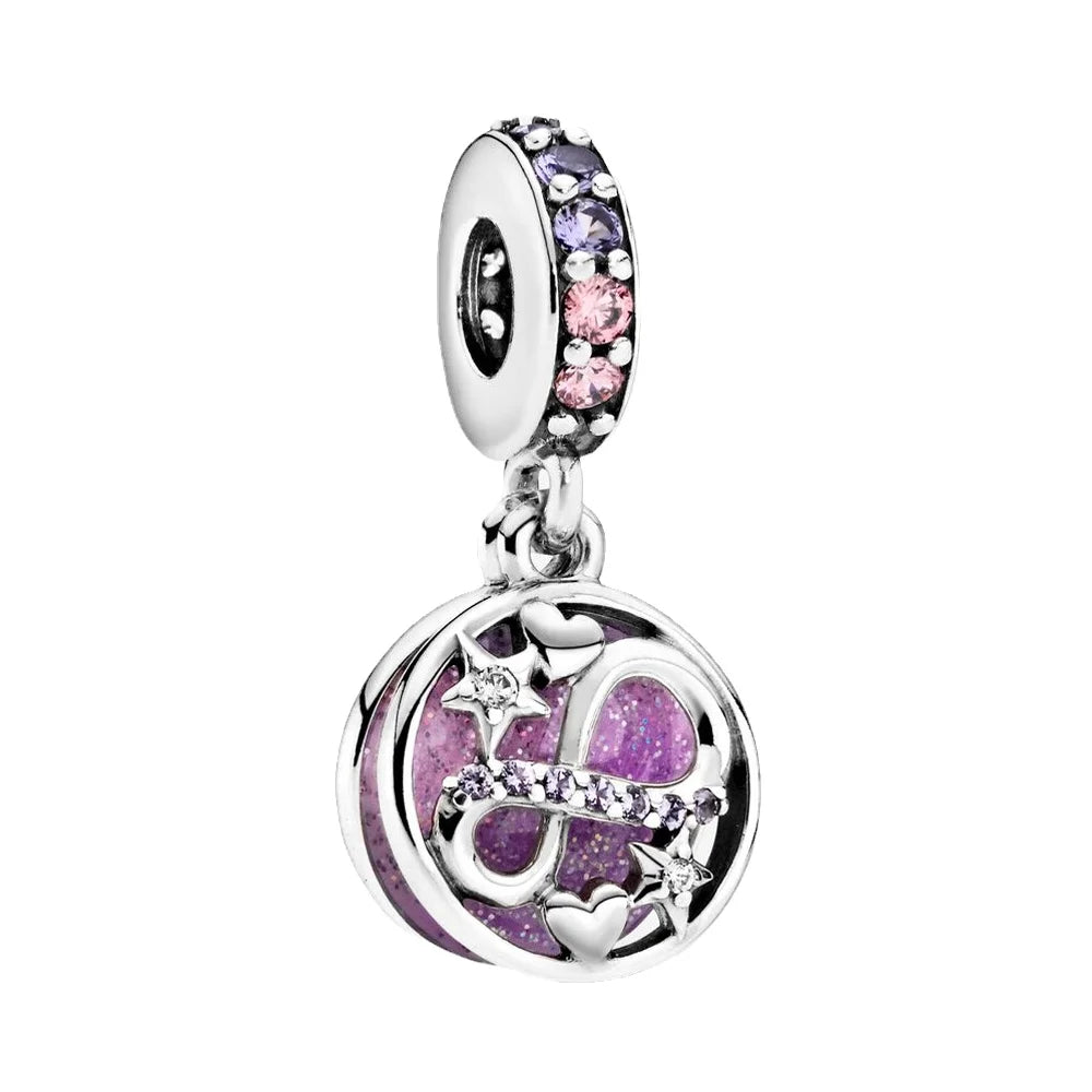 New Sterling Silver Purple Bead Flower  Charm Fit Original Pandora Brand Bracelet