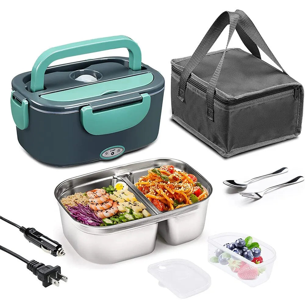 2-In-1 Electric Heating Lunch Box Car + Home 12V/220/110V Portable Stainless Steel Liner Bento Lunchbox Food Container