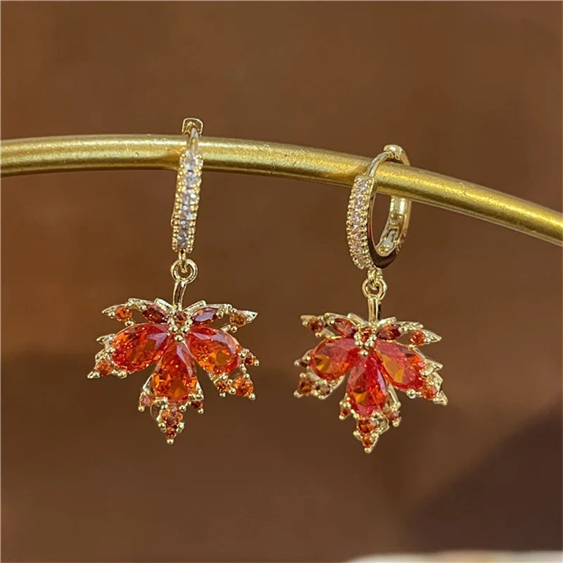 Vintage Crystal Zircon Red Maple Leaf Earrings