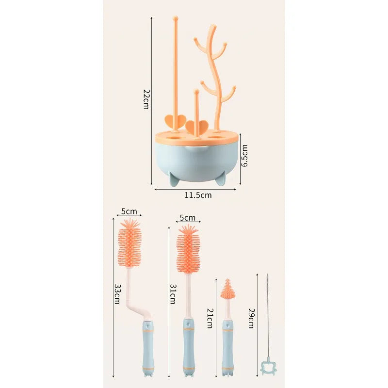 Portable 6 in 1 Baby Bottle Cleaner Set with Drying Rack,