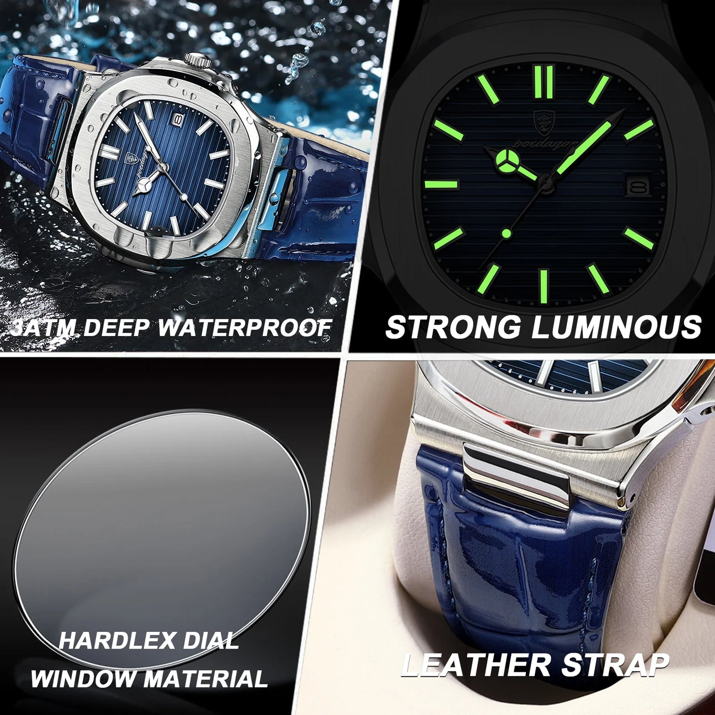 Luxury Man Wristwatch Waterproof Luminous Date Leather  Watches