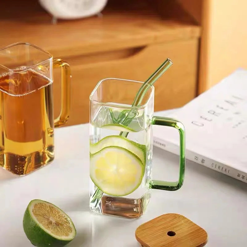 400ml Square Glass Mug With Lid and Straw