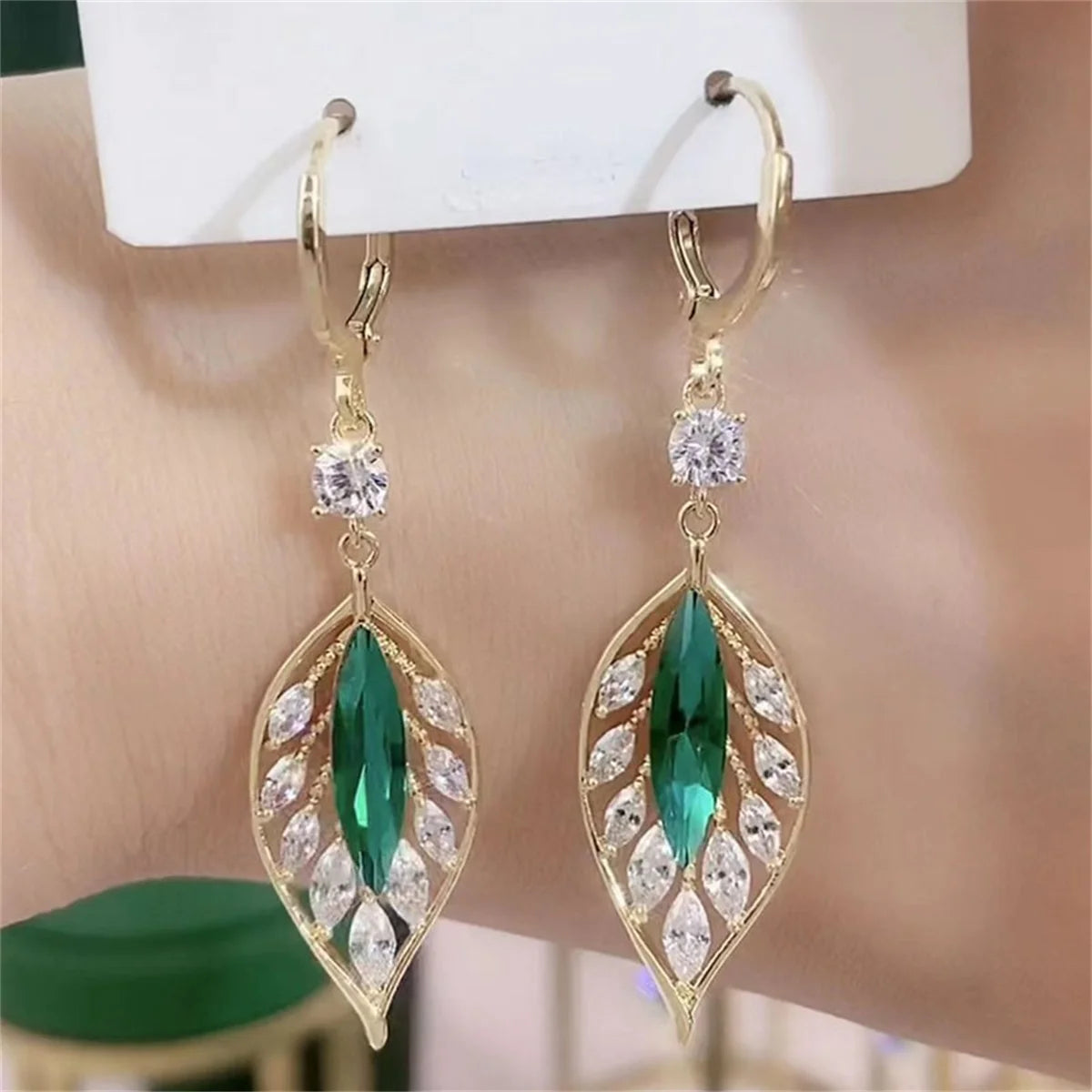 Crystal Leaf Tassel Drop Earrings