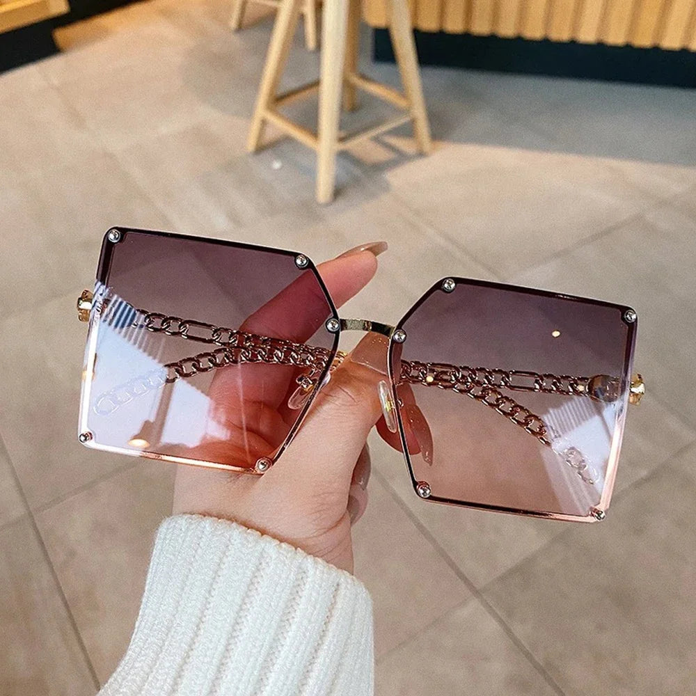 New Fashion Oversize Gradient Sunglasses Vintage Alloy Chain Frame