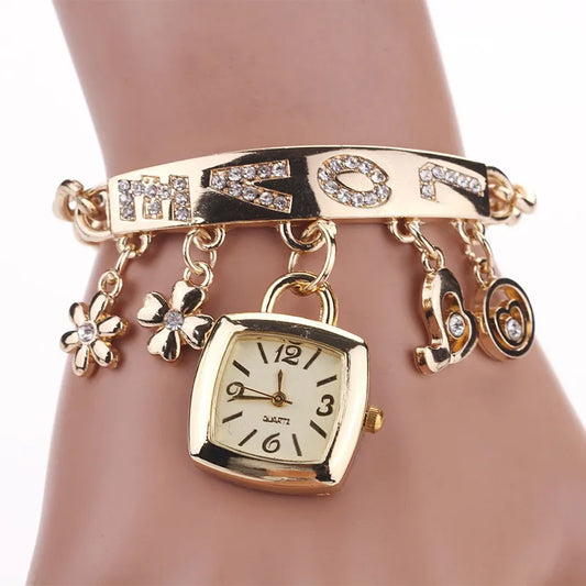 Women Watches with Letters Rhinestone Inlaid Chain Bracelet