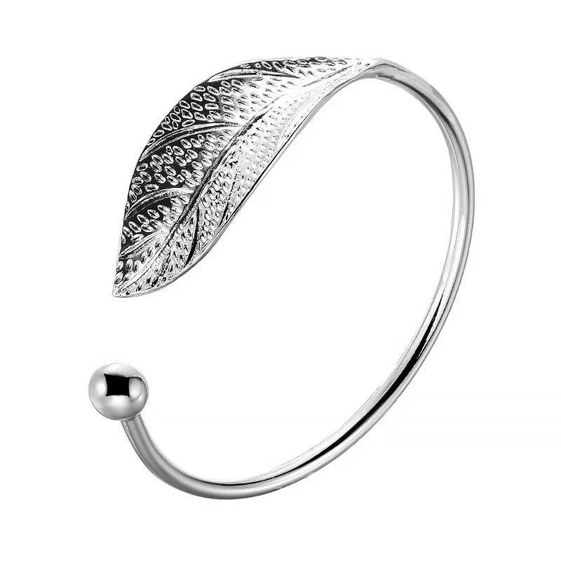 Sterling Silver Woman Cuff Bracelet Open Leaf Shaped Adjustable Charm