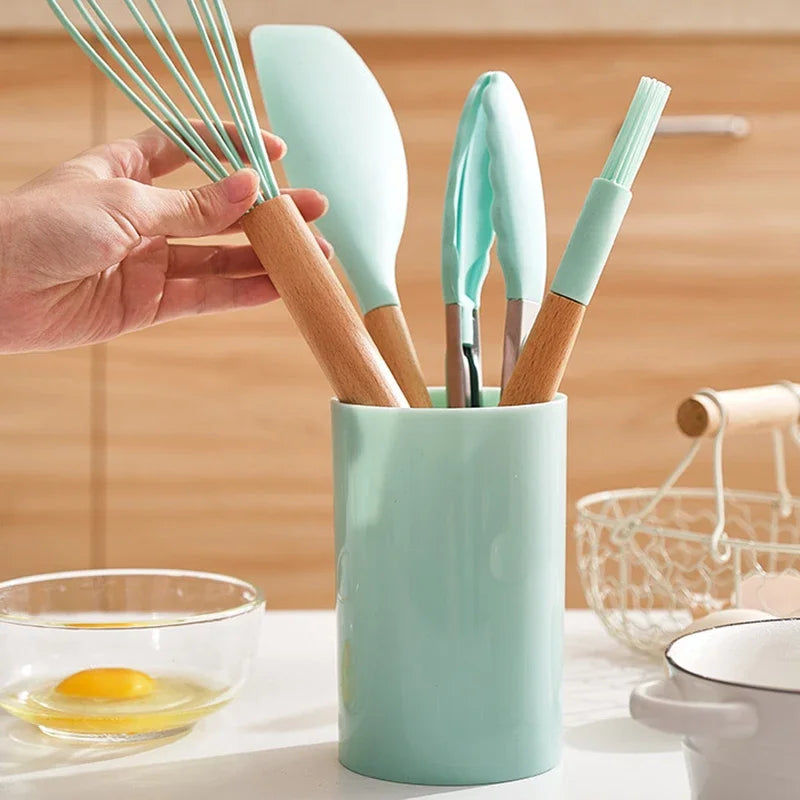 12Pcs Silicone Cooking Utensils Set Wooden Handle