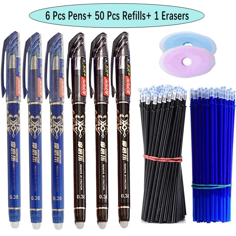 57Pcs/Set Erasable Gel Pens Black Blue Refill Rod 0.5mm Ballpoint Pen