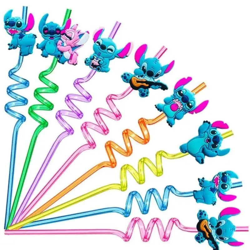 6Pcs Lilo & Stitch Winnie  Mickey Mouse Spiderman Reusable Drinking Straws