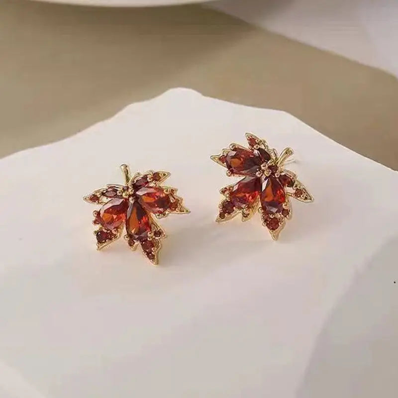 Vintage Crystal Zircon Red Maple Leaf Earrings