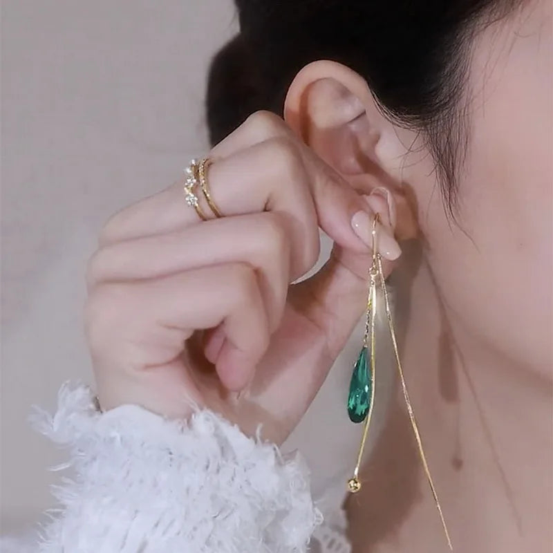 Korean Fashion Zircon Green Water Drop Earrings