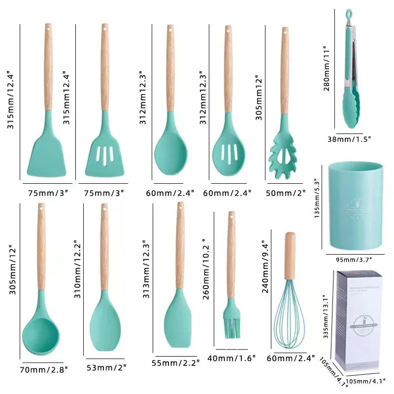 12Pcs Silicone Cooking Utensils Set Wooden Handle