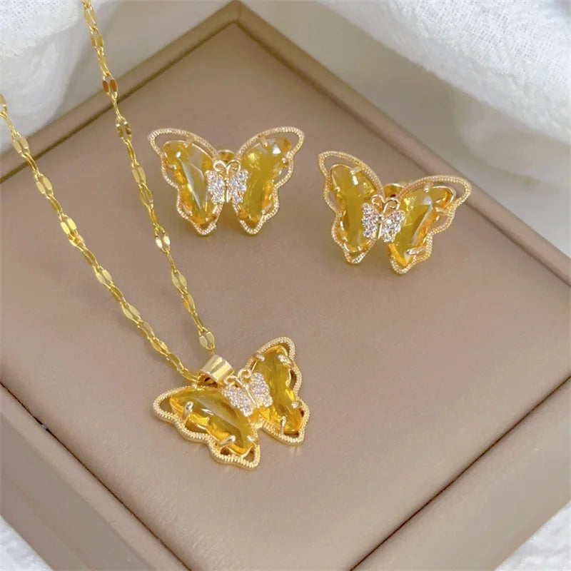 Cute Micro-inlaid Butterfly Necklace Earrings Set