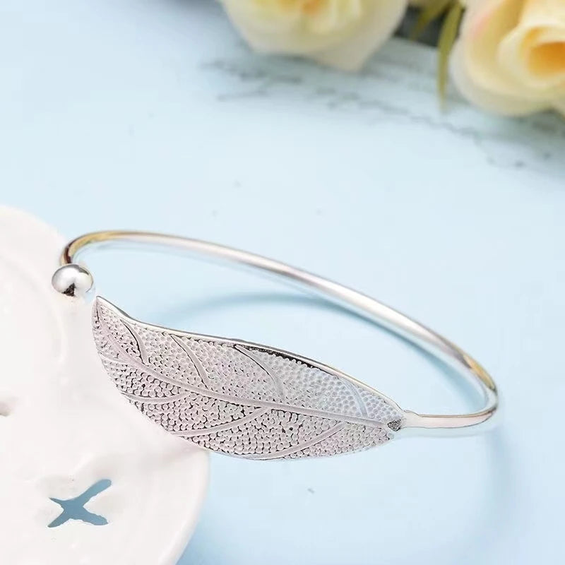 Sterling Silver Woman Cuff Bracelet Open Leaf Shaped Adjustable Charm