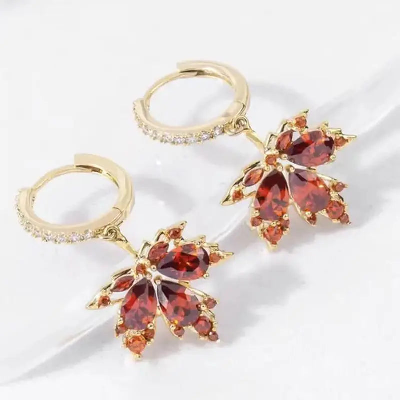 Vintage Crystal Zircon Red Maple Leaf Earrings