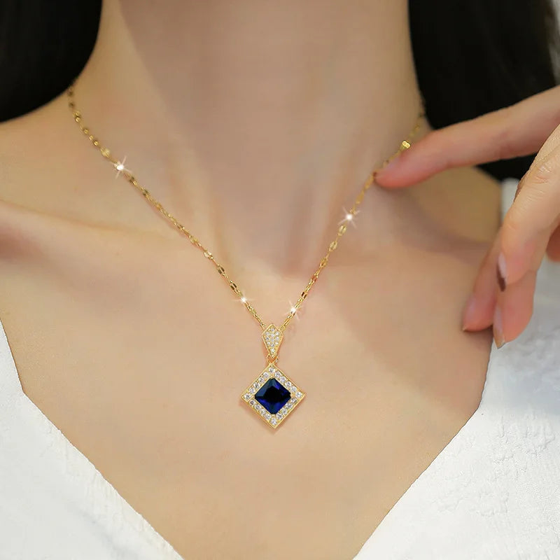 Stainless Steel Square Dark Blue Crystal Charm Necklace Earrings