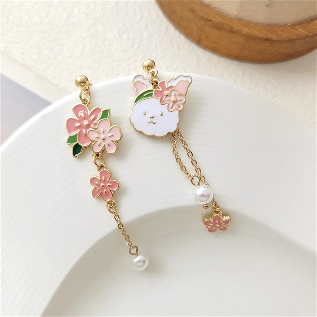 Korean Fashion Bow Rabbit Asymmetric Dangle Earrings