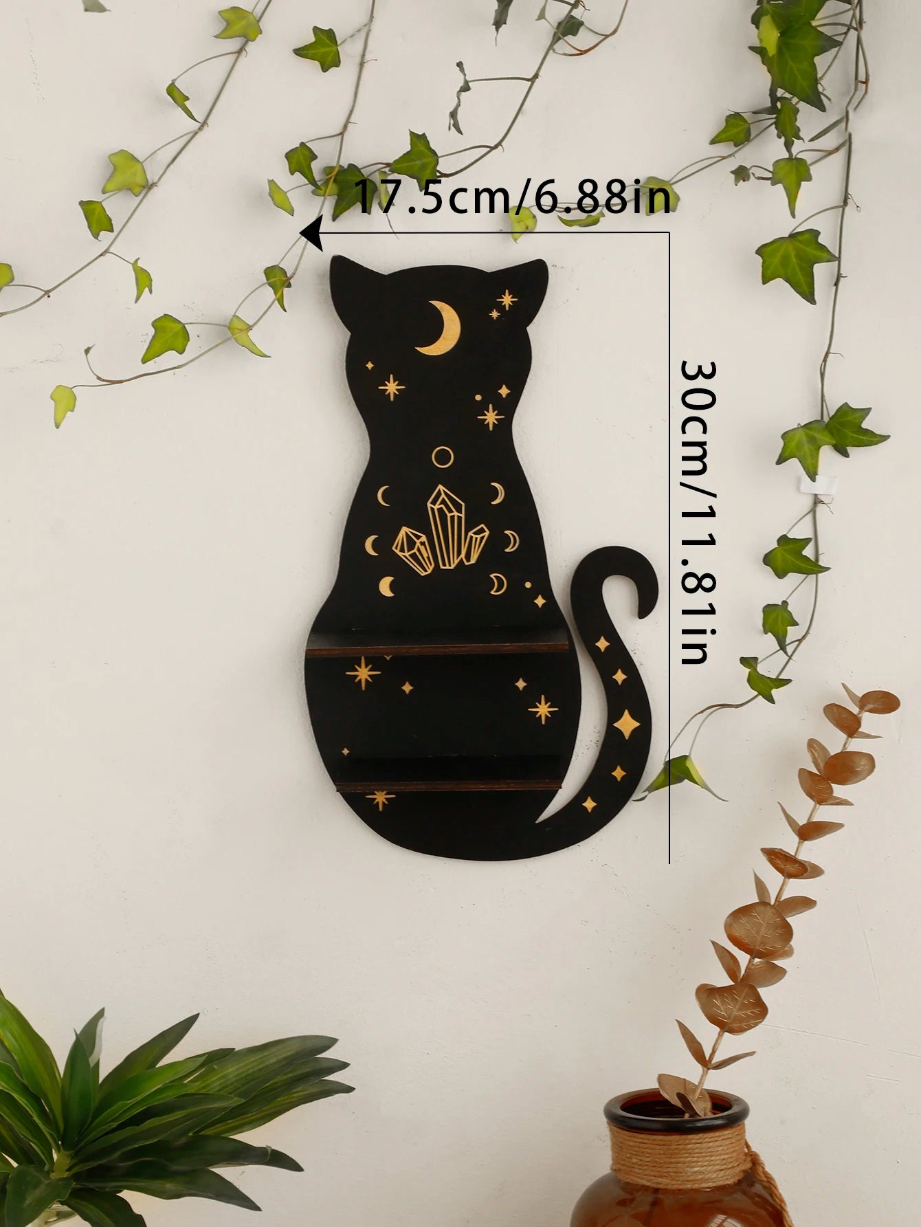 Black Cat Wooden Shelf Moon Phase Floating Shelf