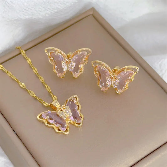 Cute Micro-inlaid Butterfly Necklace Earrings Set