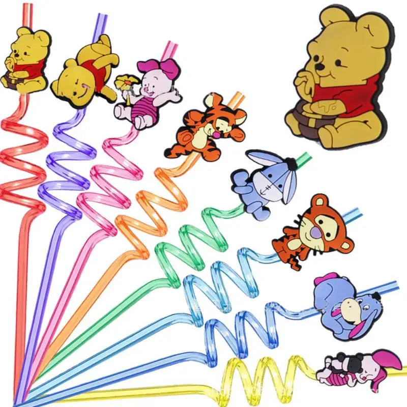 6Pcs Lilo & Stitch Winnie  Mickey Mouse Spiderman Reusable Drinking Straws