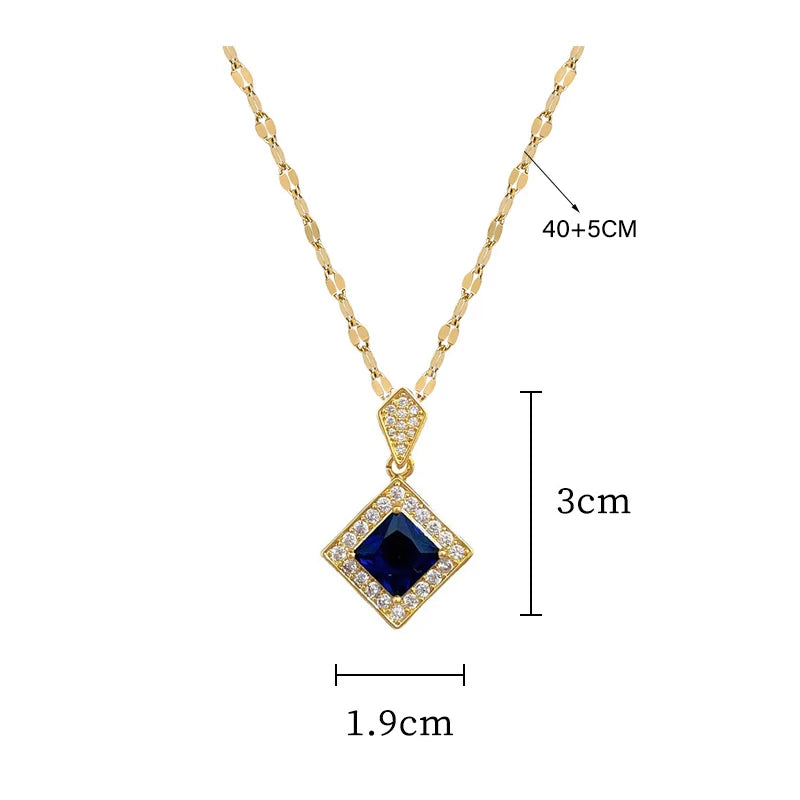 Stainless Steel Square Dark Blue Crystal Charm Necklace Earrings