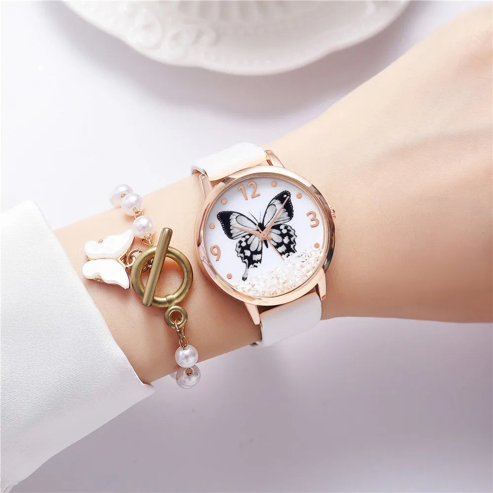 Simple Belt Ladies Watch Butterfly Pattern