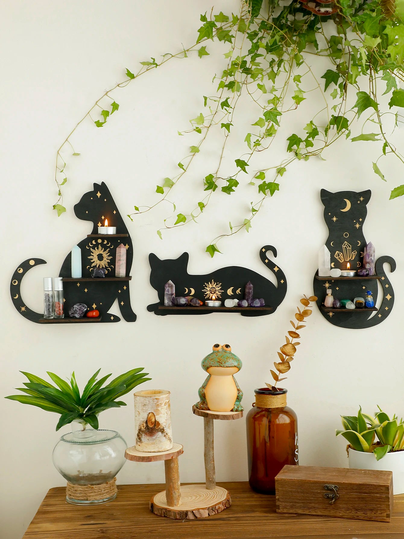 Black Cat Wooden Shelf Moon Phase Floating Shelf