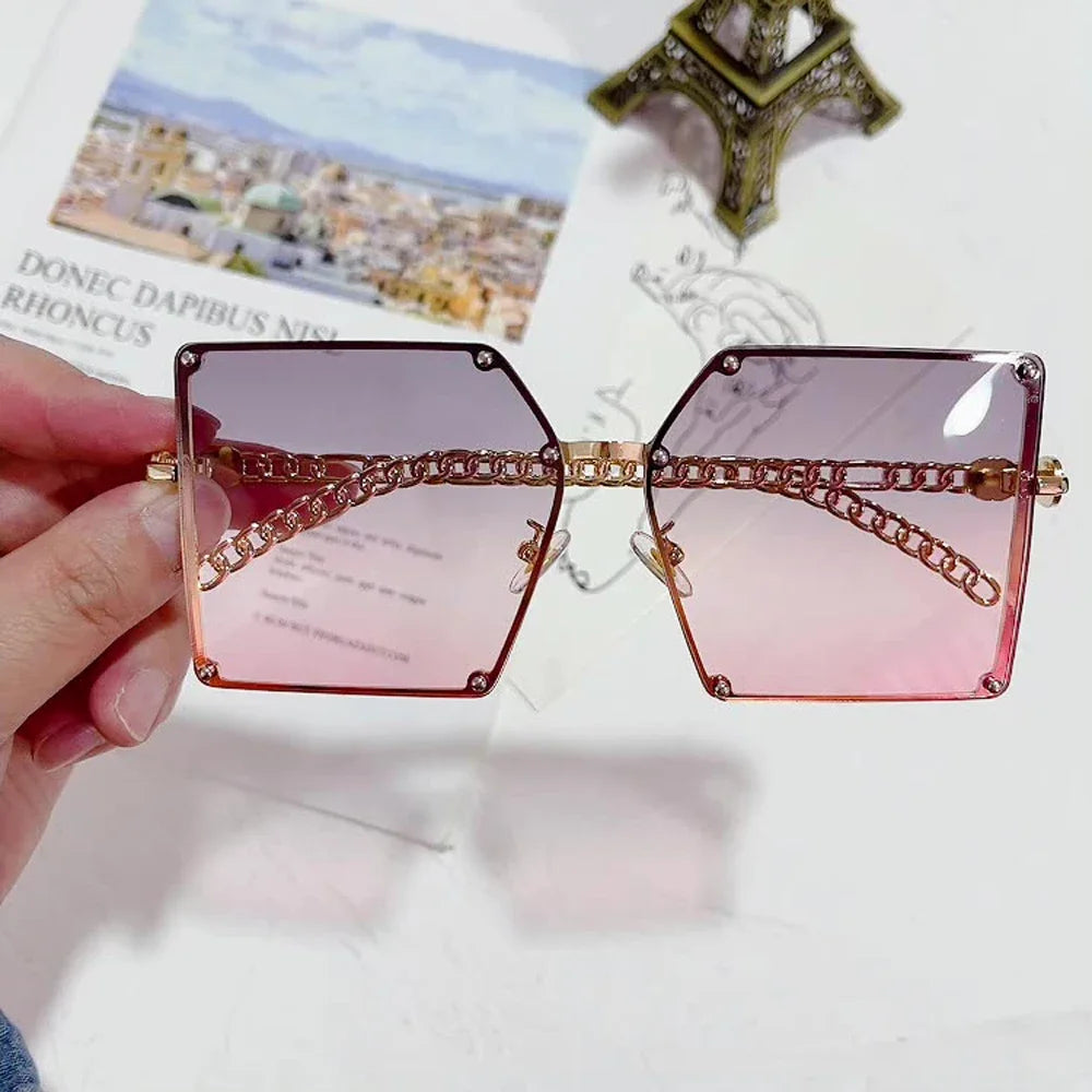 New Fashion Oversize Gradient Sunglasses Vintage Alloy Chain Frame