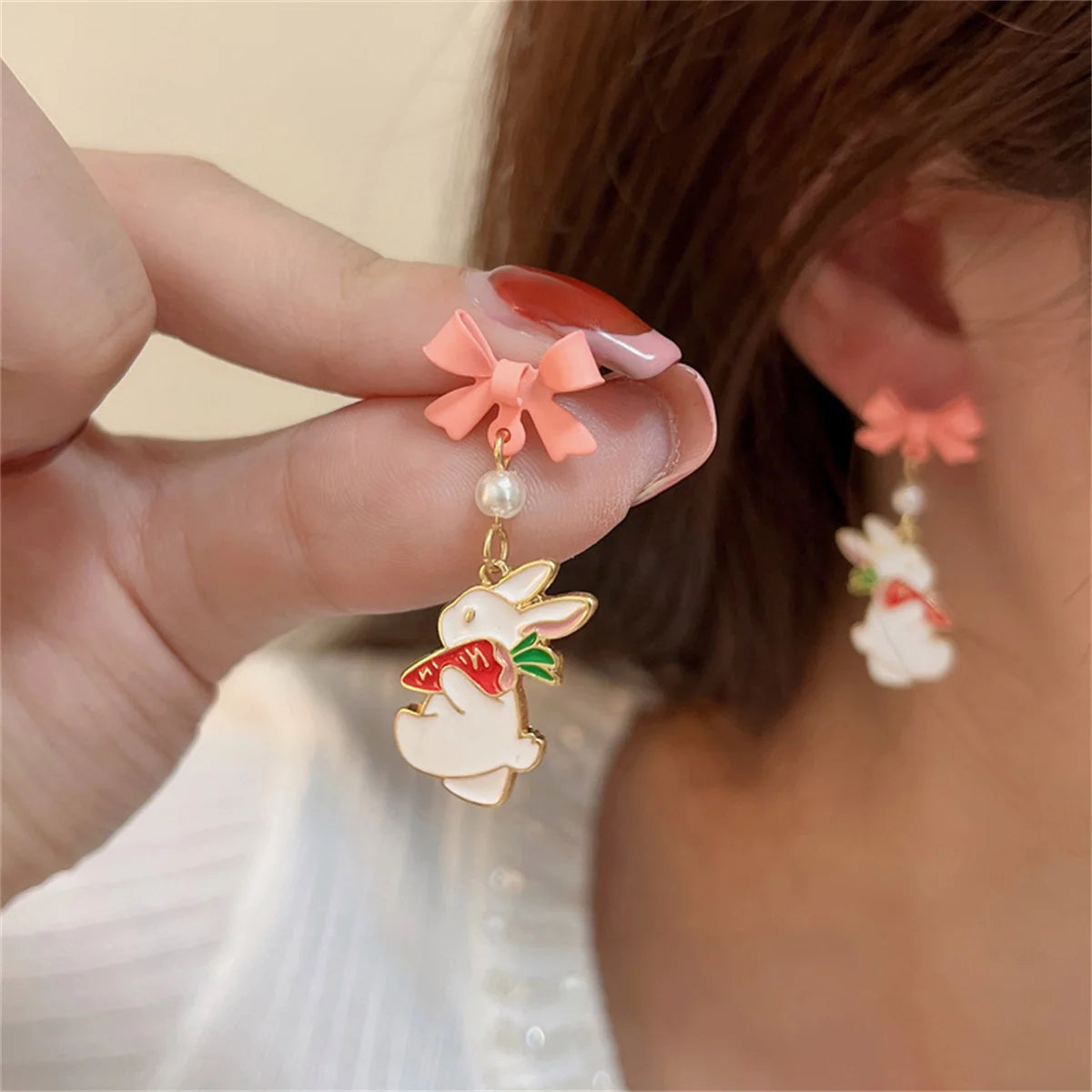 Korean Fashion Bow Rabbit Asymmetric Dangle Earrings