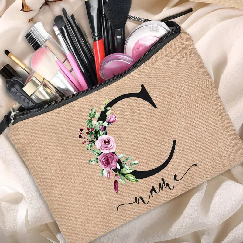 Customized  Name Linen Cosmetic Bag