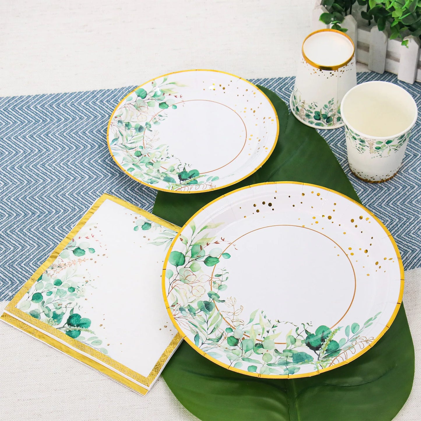 Sage Green Leaves Disposable Gold Edge Paper Plate