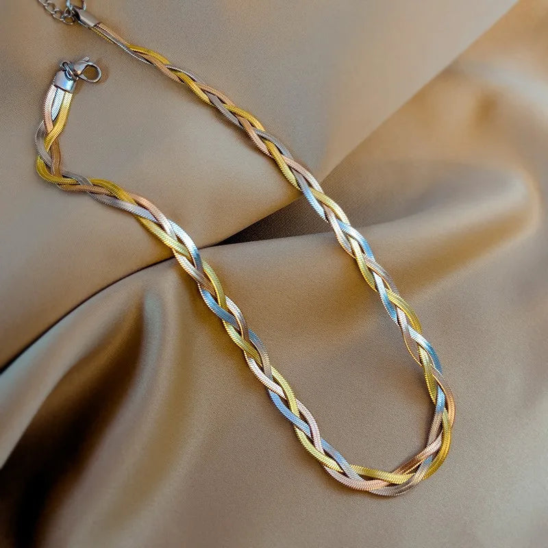 Stainless Steel Tricolor Hand Braided Necklace