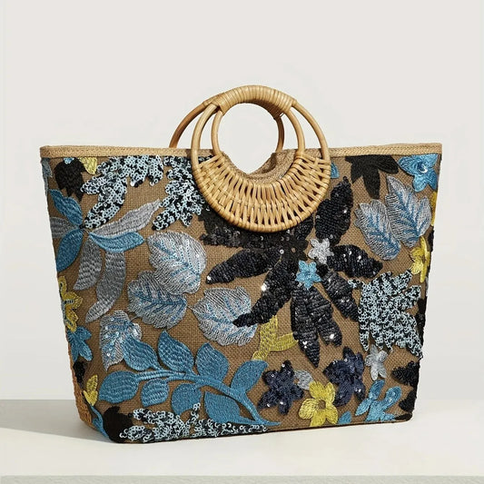 Evening Style Handbag, Shiny Sequined Flowers,