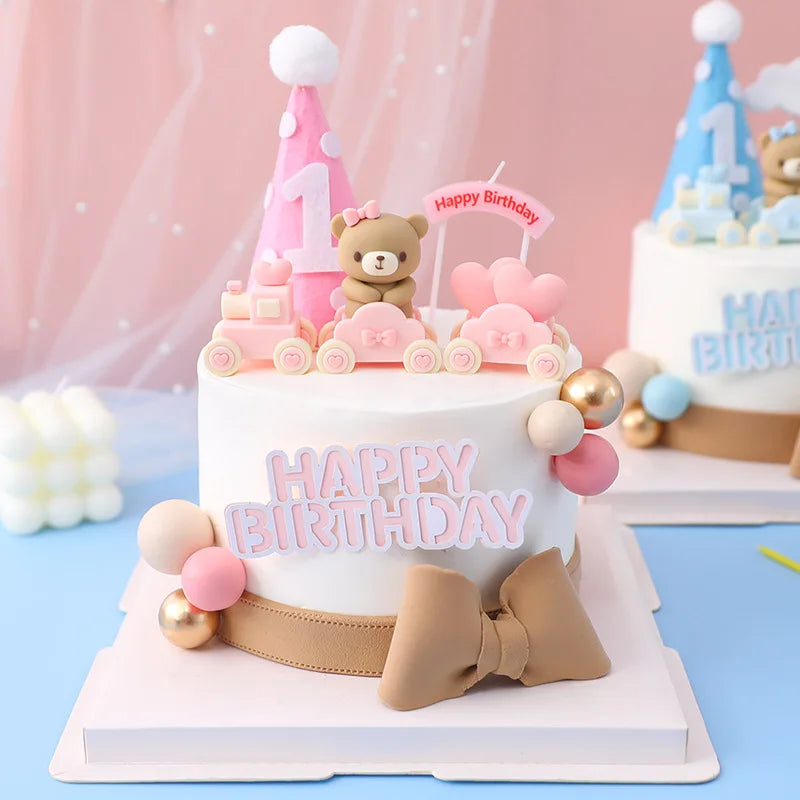 Birthday Cake Toppers Cute Pink Blue Bear