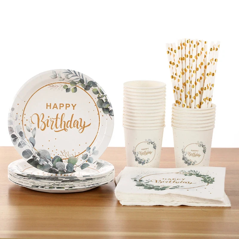 85Pcs/set Eucalyptus Happy Birthday Disposable Tableware