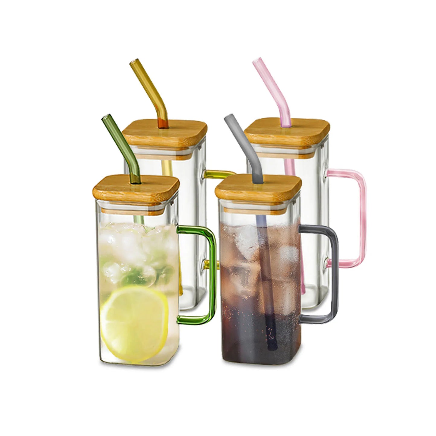 400ml Square Glass Mug With Lid and Straw