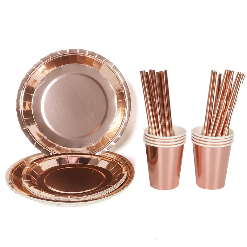 Rose Gold Birthday Decorations Disposable Tableware Set