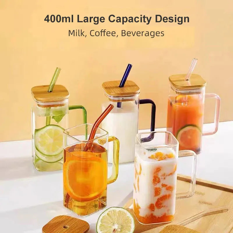 400ml Square Glass Mug With Lid and Straw