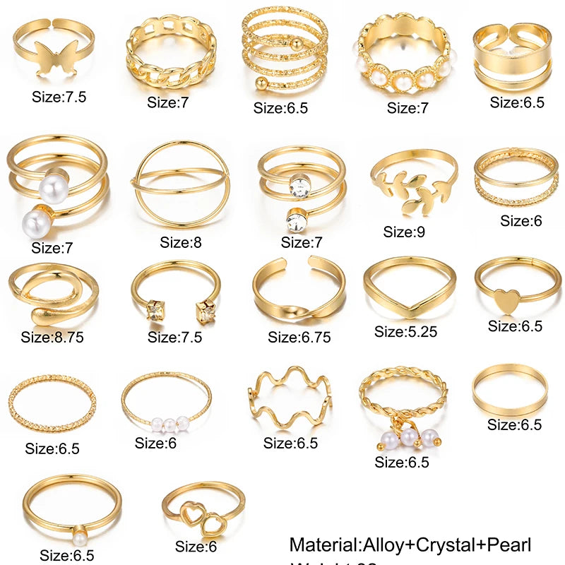 22Pcs/Set Gold Color Heart Snake Rings Set