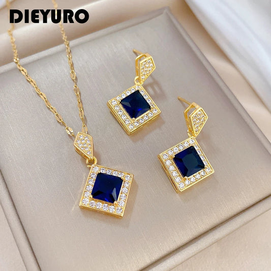 Stainless Steel Square Dark Blue Crystal Charm Necklace Earrings